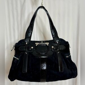 Salvatore Ferragamo black suede and patent leather handbag